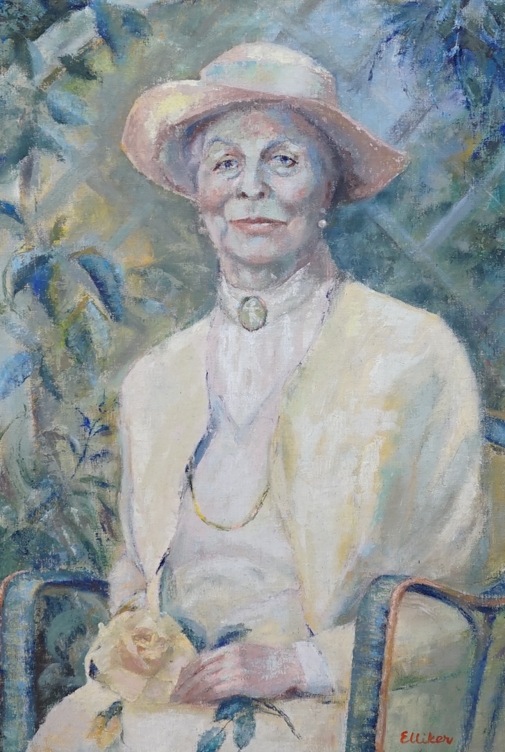 Elliker, oil on board, Half length portrait of a seated elderly lady, signed, 74 x 50cm. Condition - fair to good